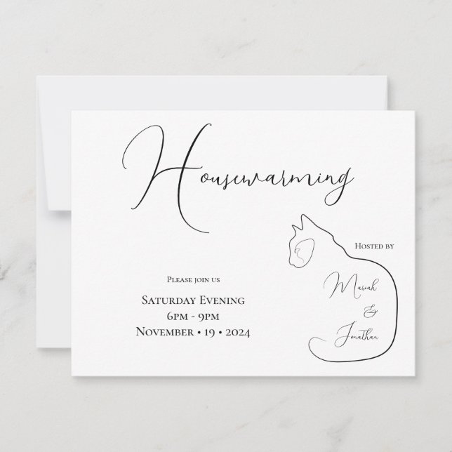 Invitación Minimalismo Sitting Cat Black & White House Calent (Anverso)
