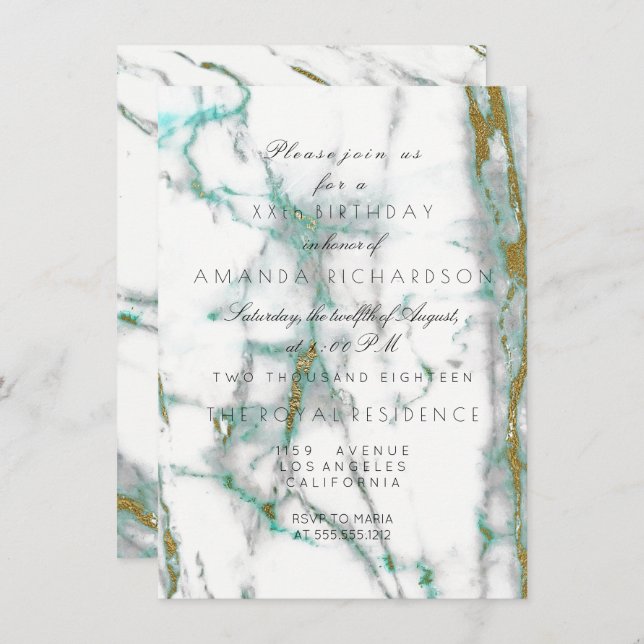 Invitación Minimalismo Verde Menta Blanco Mármol Dorado (Anverso / Reverso)