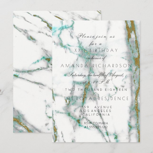 Invitación Minimalismo Verde Menta Blanco Oro Mármol Verde (Anverso / Reverso)