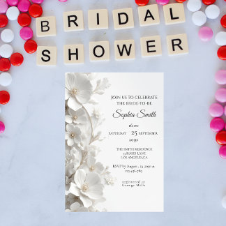 Invitación Minimalist 3D White Floral Elegant  Bridal Shower
