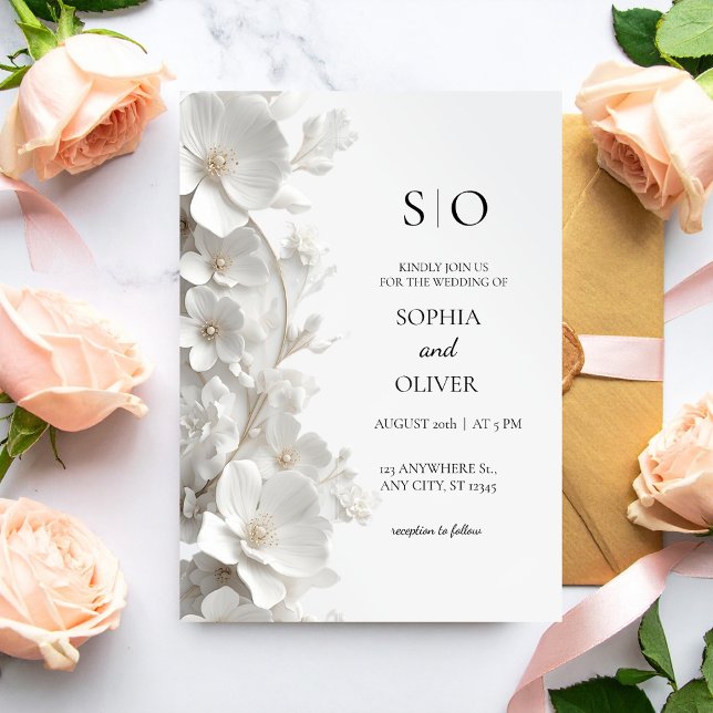 Invitación Minimalist 3D White Floral Luxury Elegant Wedding (Subido por el creador)