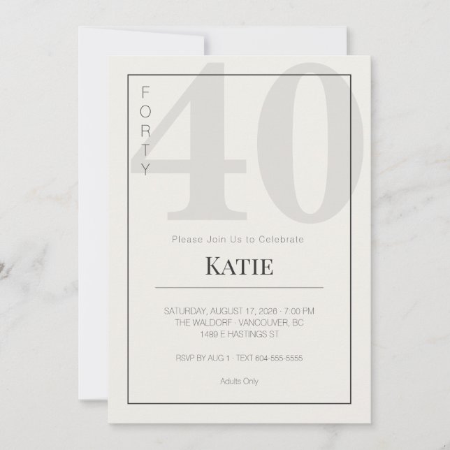 Invitación Minimalist 40th Milestone Birthday Celebration (Anverso)