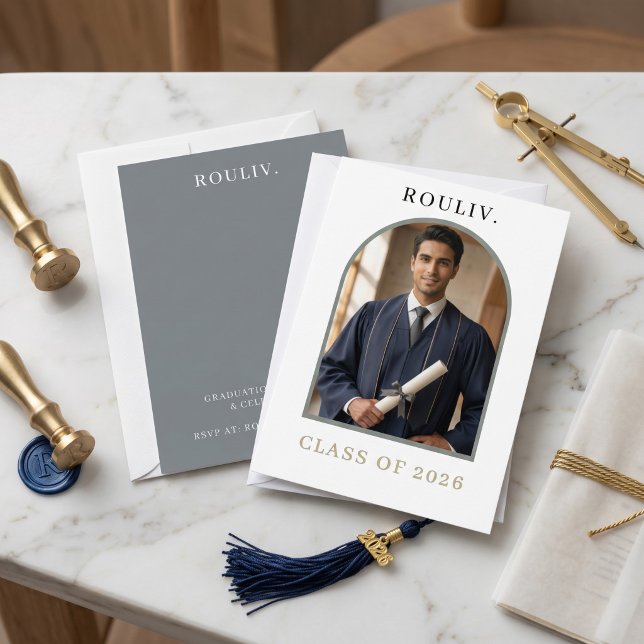 Invitación Minimalist Arch Photo Graduation | Rolling Stone (Minimalist Architectural Arch Graduation Invitation | Photo Class of 2026 | ROULIV Stone Grey & Gold)