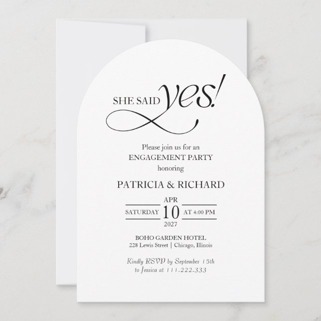 Invitación Minimalist Arch She Said Yes Engagement Party (Anverso)