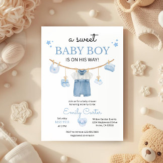 Invitación Minimalist Baby Boy Shower with Baby Clothes
