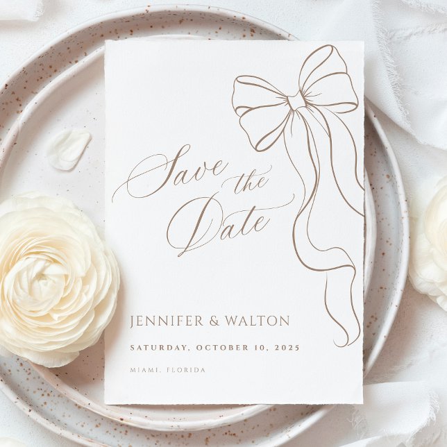 Invitación Minimalist Beige Bow Save the Date Card (Subido por el creador)