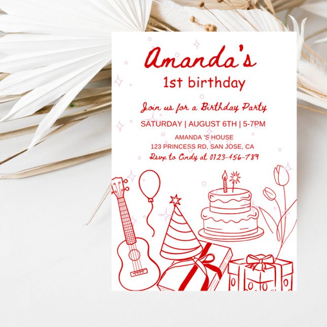 Invitación Minimalist Birthday Line Art Girl’s 1st Birthday  (Subido por el creador)
