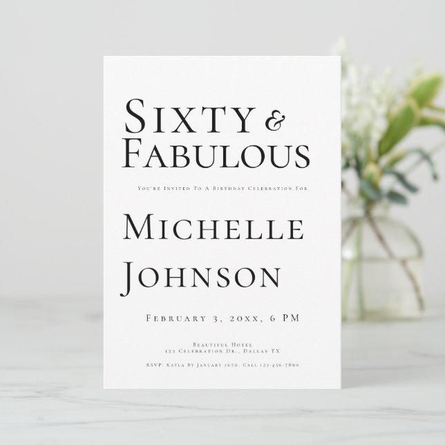 Invitación Minimalist Black 60 & Fabulous 60th Birthday Party (Anverso de pie)