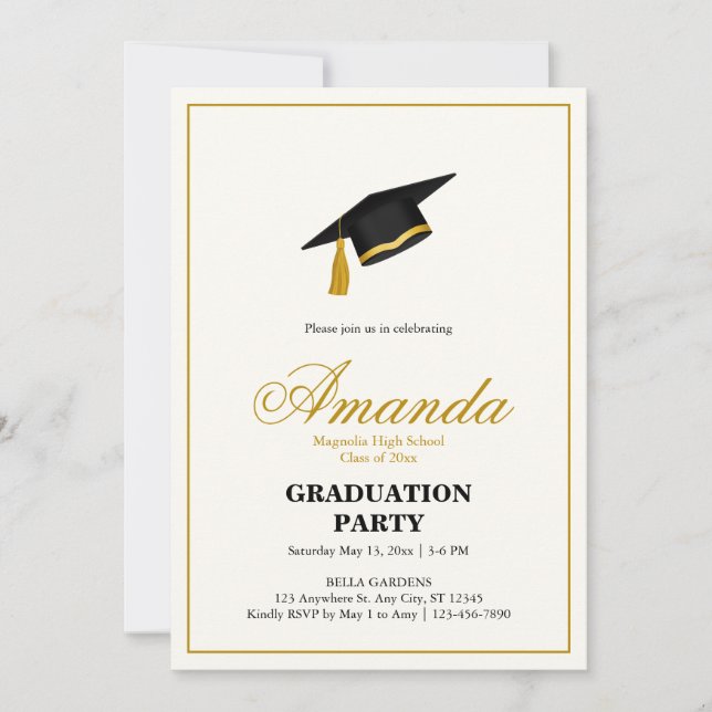 Invitación Minimalist Black and Gold Graduation Party (Anverso)