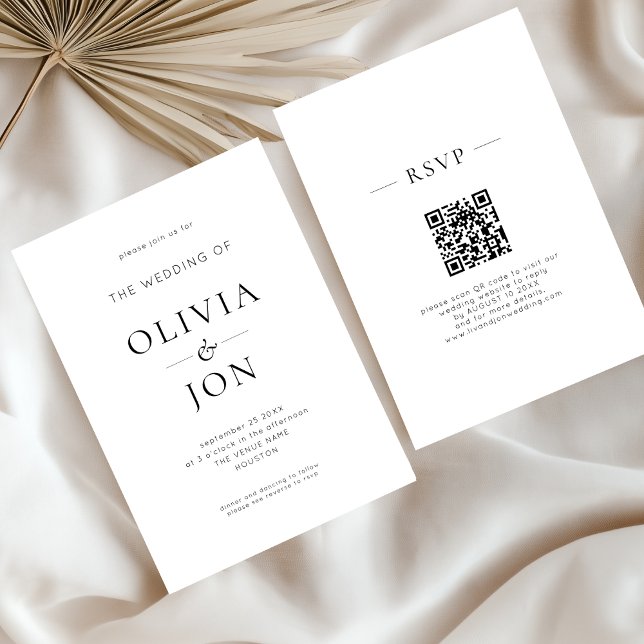 Invitación Minimalist Black and White QR Code Wedding (Front and back)