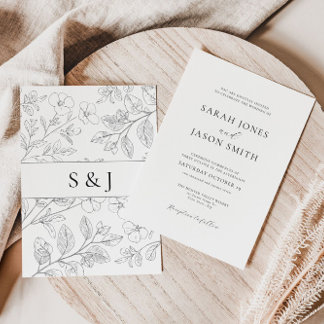 Invitación Minimalist Black Floral Wedding Invitation