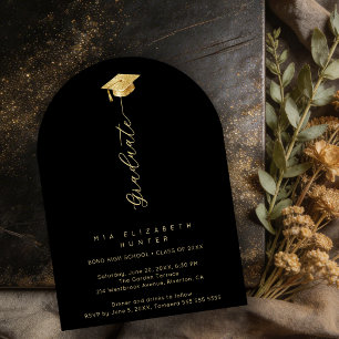 Invitación Minimalist Black Gold Graduation Cap Senior TMF26