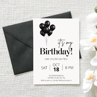 Invitación Minimalist Black & White Balloon Birthday