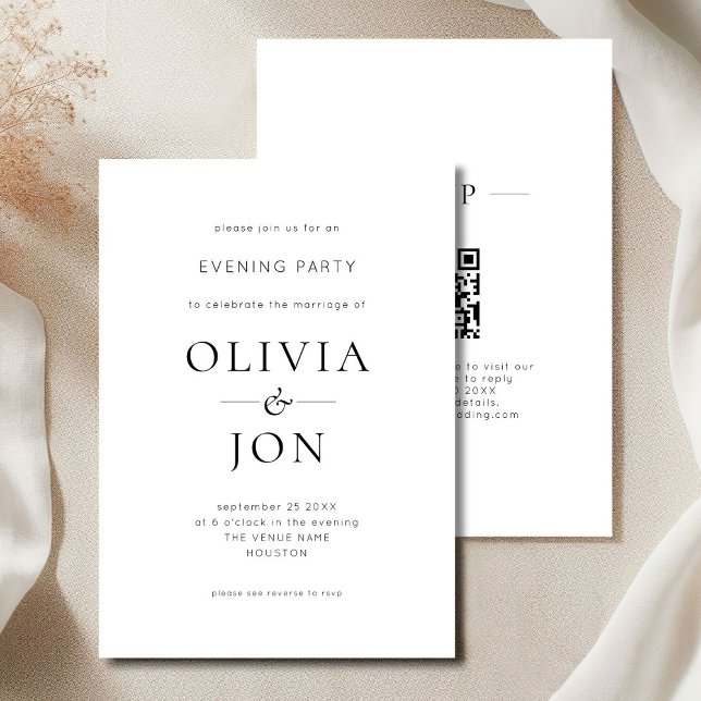Invitación Minimalist Black White QR Code Wedding Evening (Front and back view)