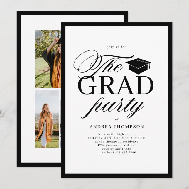 Invitación Minimalist Black White Script Grad Party Photo  (Anverso / Reverso)