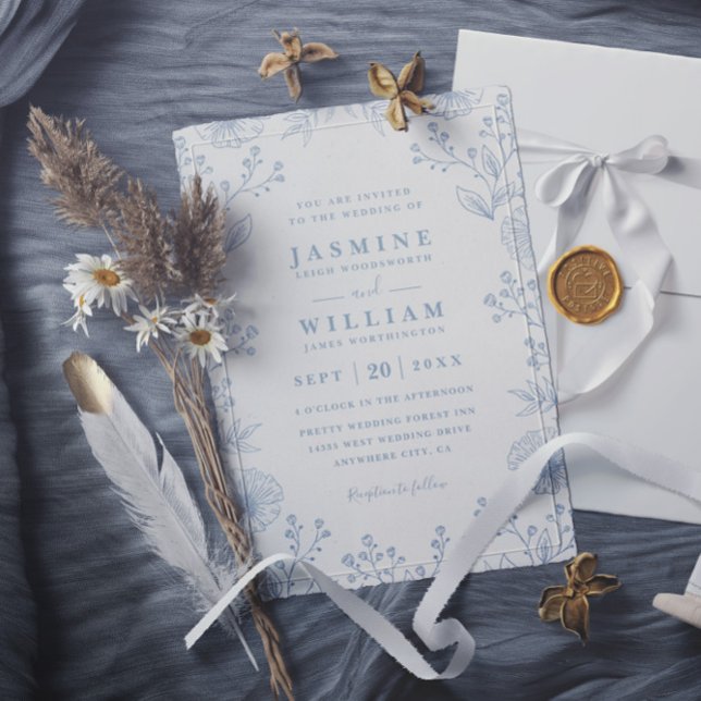 Invitación Minimalist Blue Floral Elegant QR Code Wedding (Subido por el creador)
