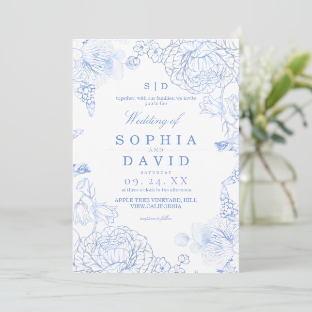 Invitación Minimalist Blue WildFlower Rustic Wedding  (Anverso de pie)