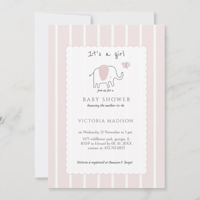 Invitación Minimalist Blush Pink Elephant Sketch Its a Girl  (Anverso)