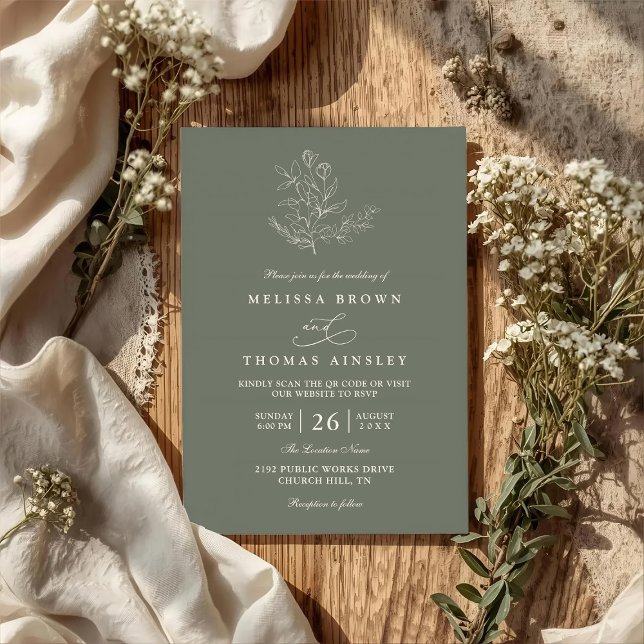 Invitación Minimalist Boho Floral Sage Modern QR Code Wedding (Subido por el creador)
