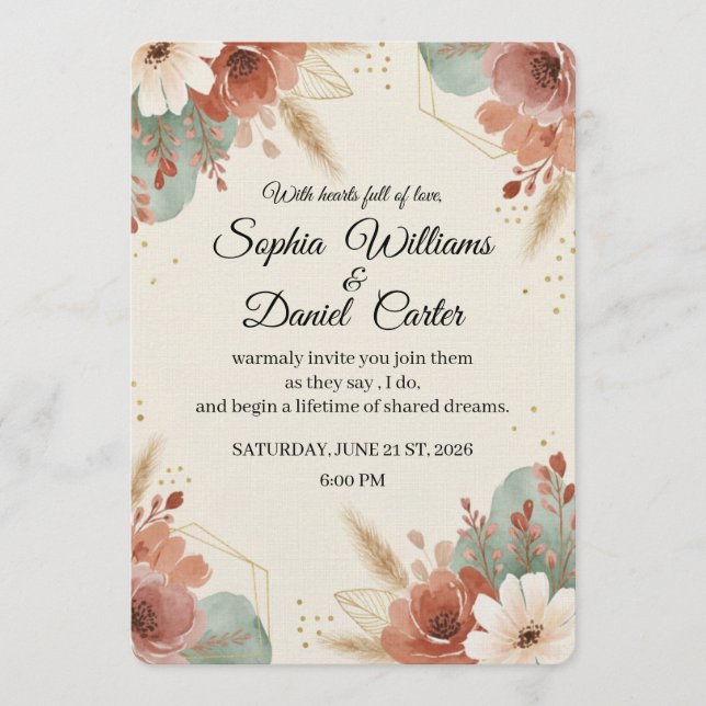Invitación minimalist Boho Floral Wedding Invitation card (Anverso)