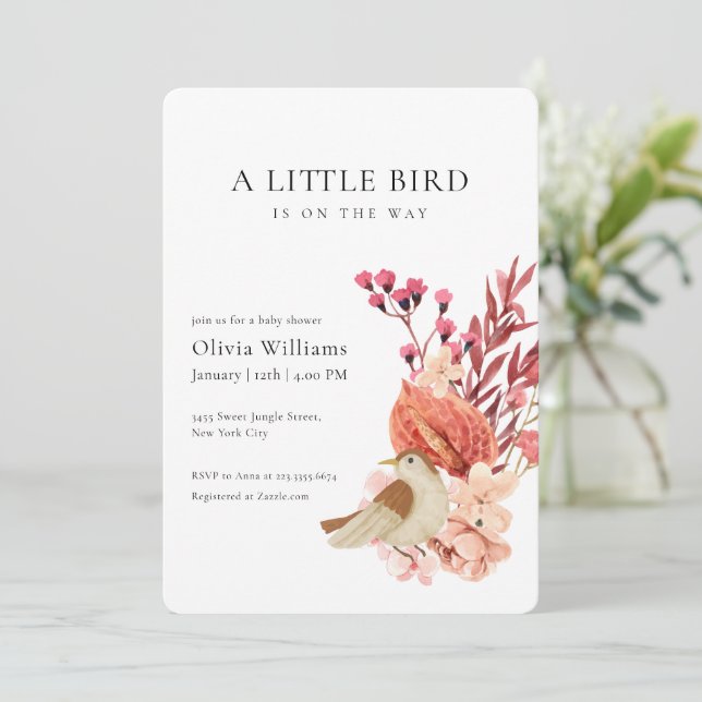 Invitación Minimalist Boho Flower Tiny Bird Baby Shower   (Anverso de pie)