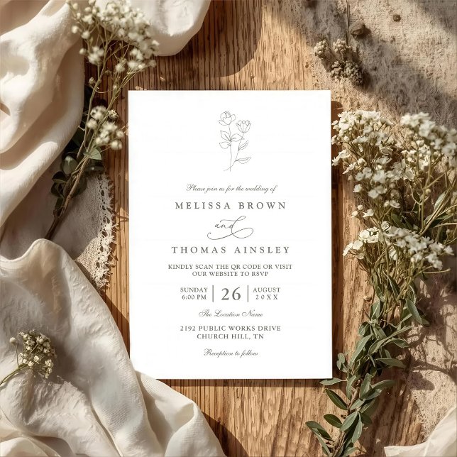 Invitación Minimalist Boho Sage Floral Modern QR Code Wedding (Subido por el creador)