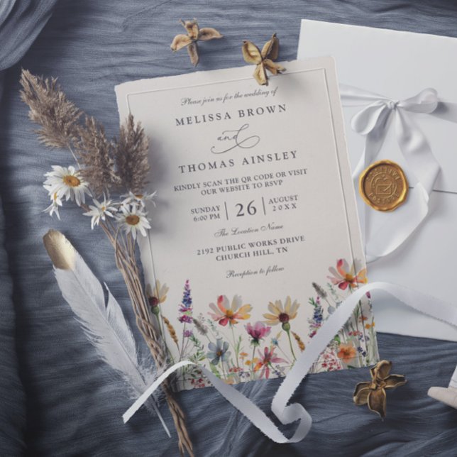 Invitación Minimalist Boho Wildflower Floral QR Code Wedding (Subido por el creador)