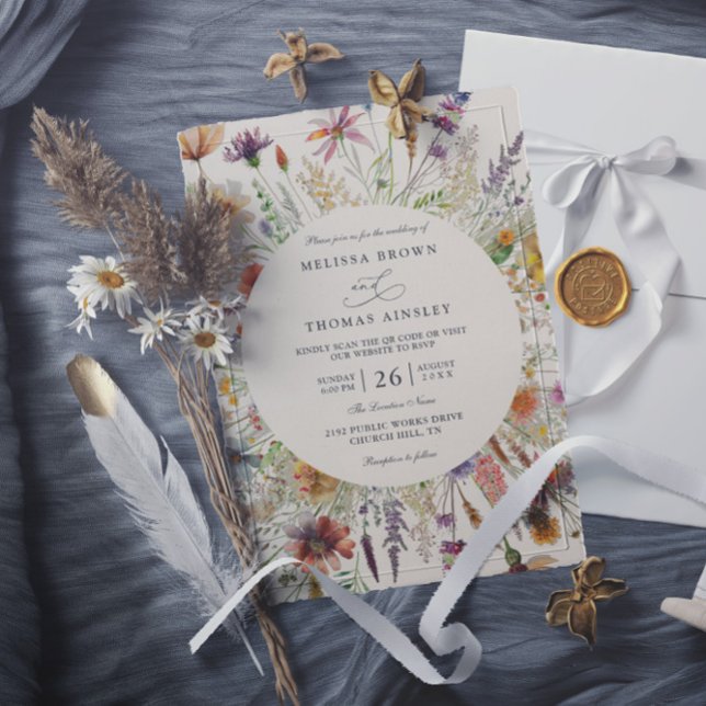 Invitación Minimalist Boho Wildflower Floral QR Code Wedding (Subido por el creador)