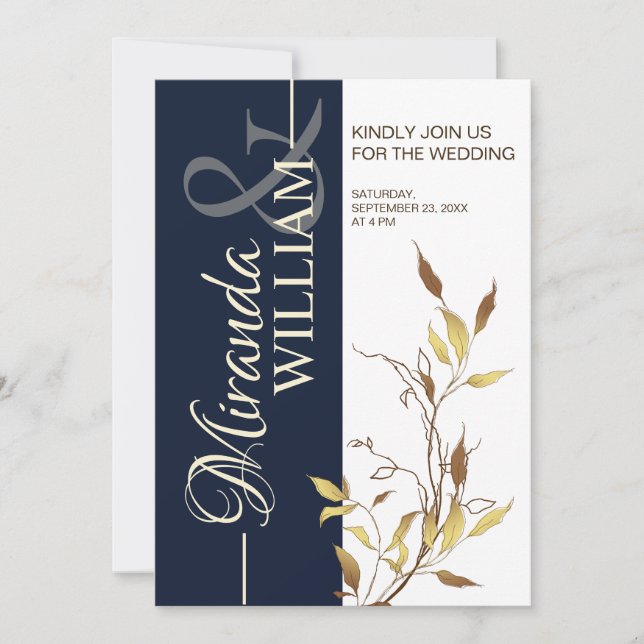 Invitación Minimalist Botanical Navy Blue Wedding Invitation (Anverso)