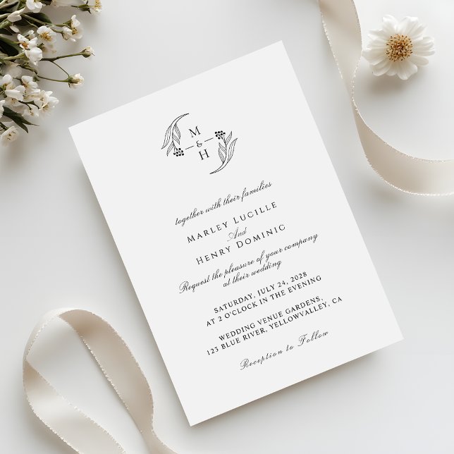 Invitación Minimalist botanical Wreath Monogram Wedding (Subido por el creador)