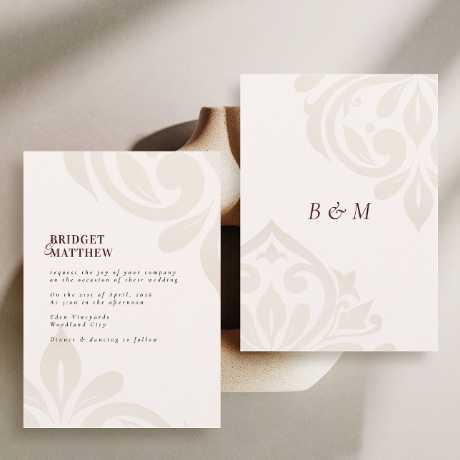 Invitación Minimalist Burgundy Cream Classic Damask Wedding (Subido por el creador)