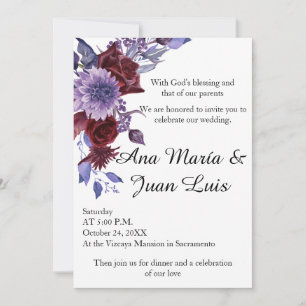 Invitación Minimalist Burgundy Lavender Dusty Blue Floral
