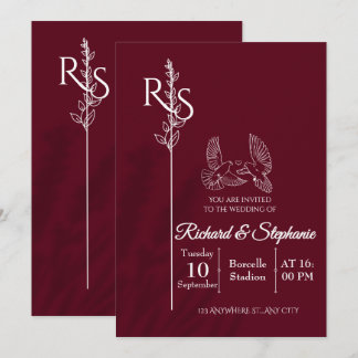 Invitación Minimalist Burgundy & White Birds Wedding Invite