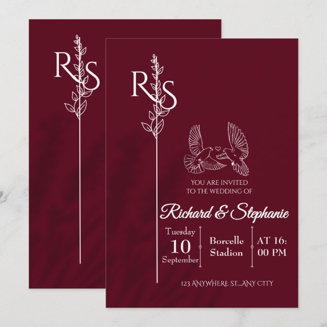 Invitación Minimalist Burgundy & White Birds Wedding Invite (Anverso / Reverso)