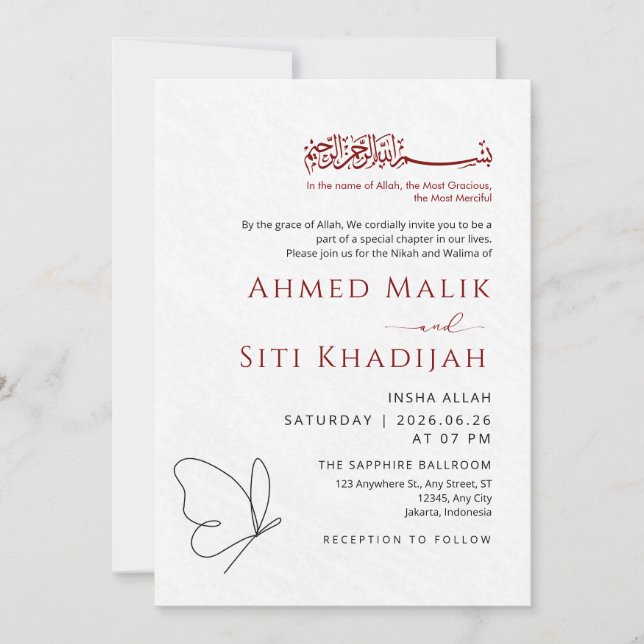 Invitación Minimalist Butterfly One Line Art Islamic Wedding (Anverso)