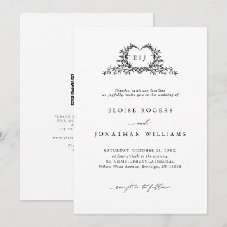 Invitación Minimalist Calligraphy Crest QR Code Chic Wedding