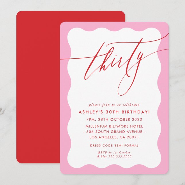 Invitación MINIMALIST Calligraphy wave 30th party pink red (Anverso / Reverso)