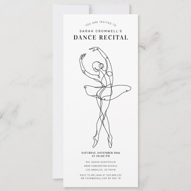 Invitación Minimalist Dance Recital Elegant Ballerina (Anverso)