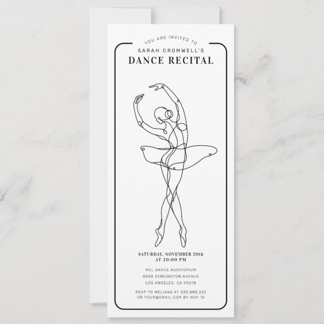 Invitación Minimalist Dance Recital Ticket Style (Anverso)