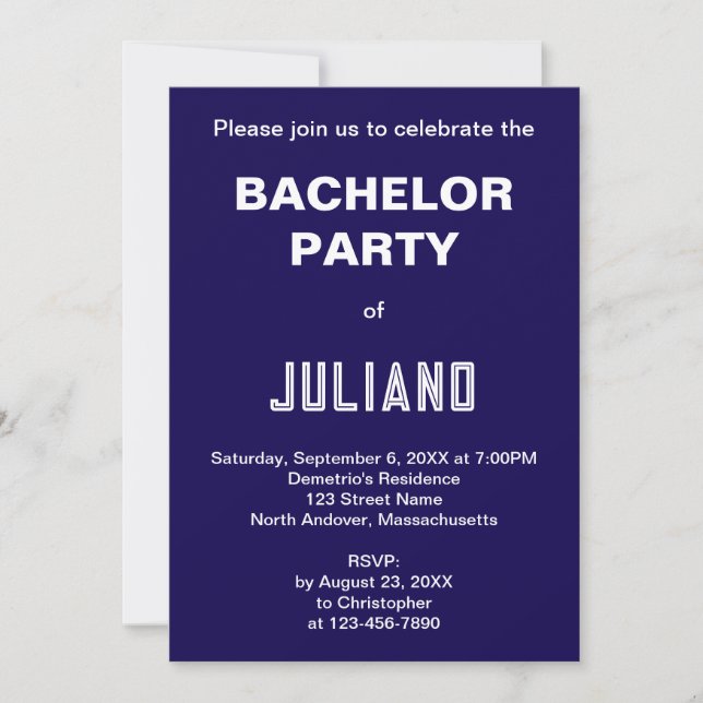 Invitación Minimalist Dark Blue Bachelor Party Invitation (Anverso)