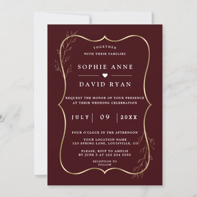 Invitación Minimalist Deep Burgundy Gold Line Art Wedding  (Anverso)