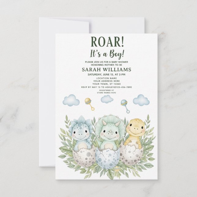 Invitación minimalist Dinosaur Baby Shower party boy Roar (Anverso)