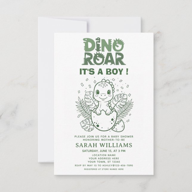 Invitación minimalist Dinosaur Baby Shower party boy Roar (Anverso)