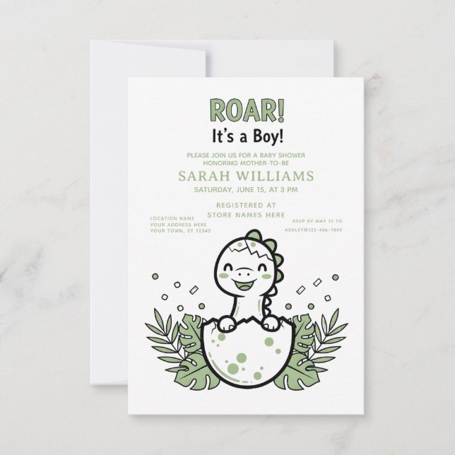 Invitación minimalist Dinosaur Baby Shower party boy Roar (Anverso)