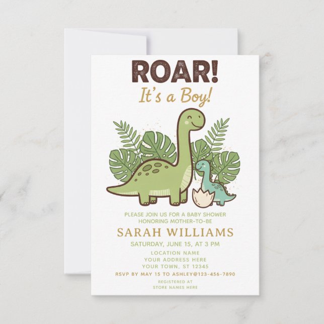 Invitación minimalist Dinosaur Baby Shower party boy Roar (Anverso)