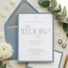 Invitación Minimalist Dusty Blue Elegant Monogram Wedding 