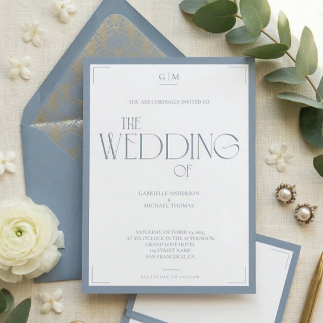Invitación Minimalist Dusty Blue Elegant Monogram Wedding  (Subido por el creador)