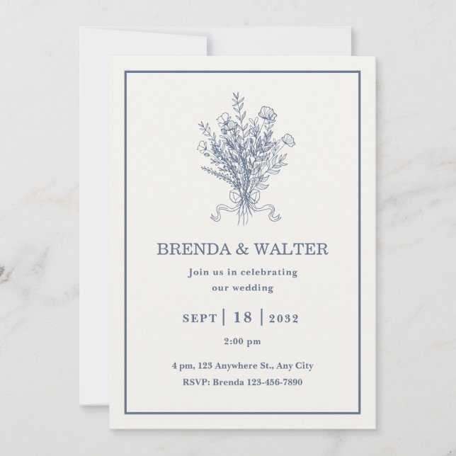 Invitación Minimalist Dusty Blue Floral Sketch Wedding  (Anverso)