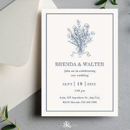 Invitación Minimalist Dusty Blue Floral Sketch Wedding 