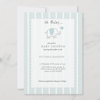 Invitación Minimalist Dusty Blue Oh Baby Elephant Sketch 
